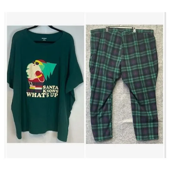 OLD NAVY Men's Christmas Pajama Set 4X Santa Green Plaid T-Shirt & Fleece Pants - Picture 1 of 14